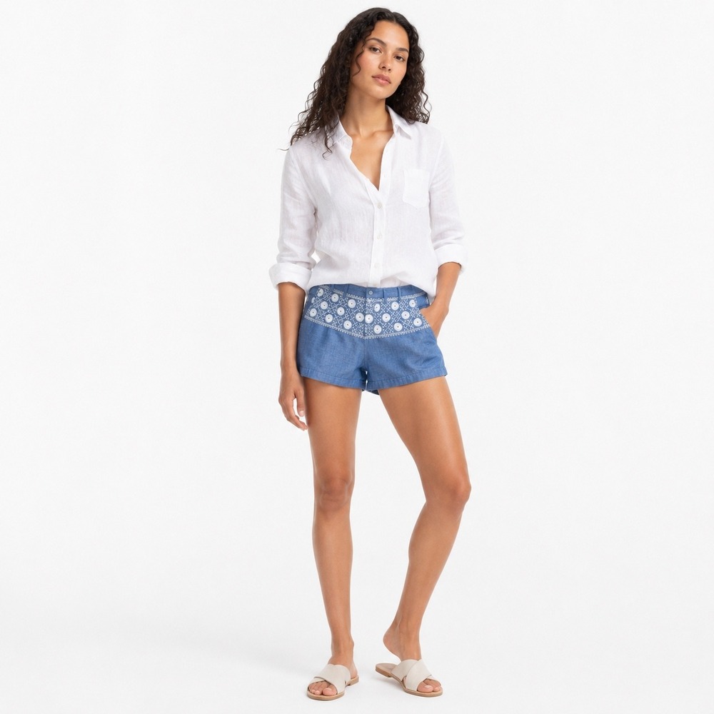 Madewell Sunstitch Shorts Chambray Cotton Blue White Embroidered Boho Womens 4‎